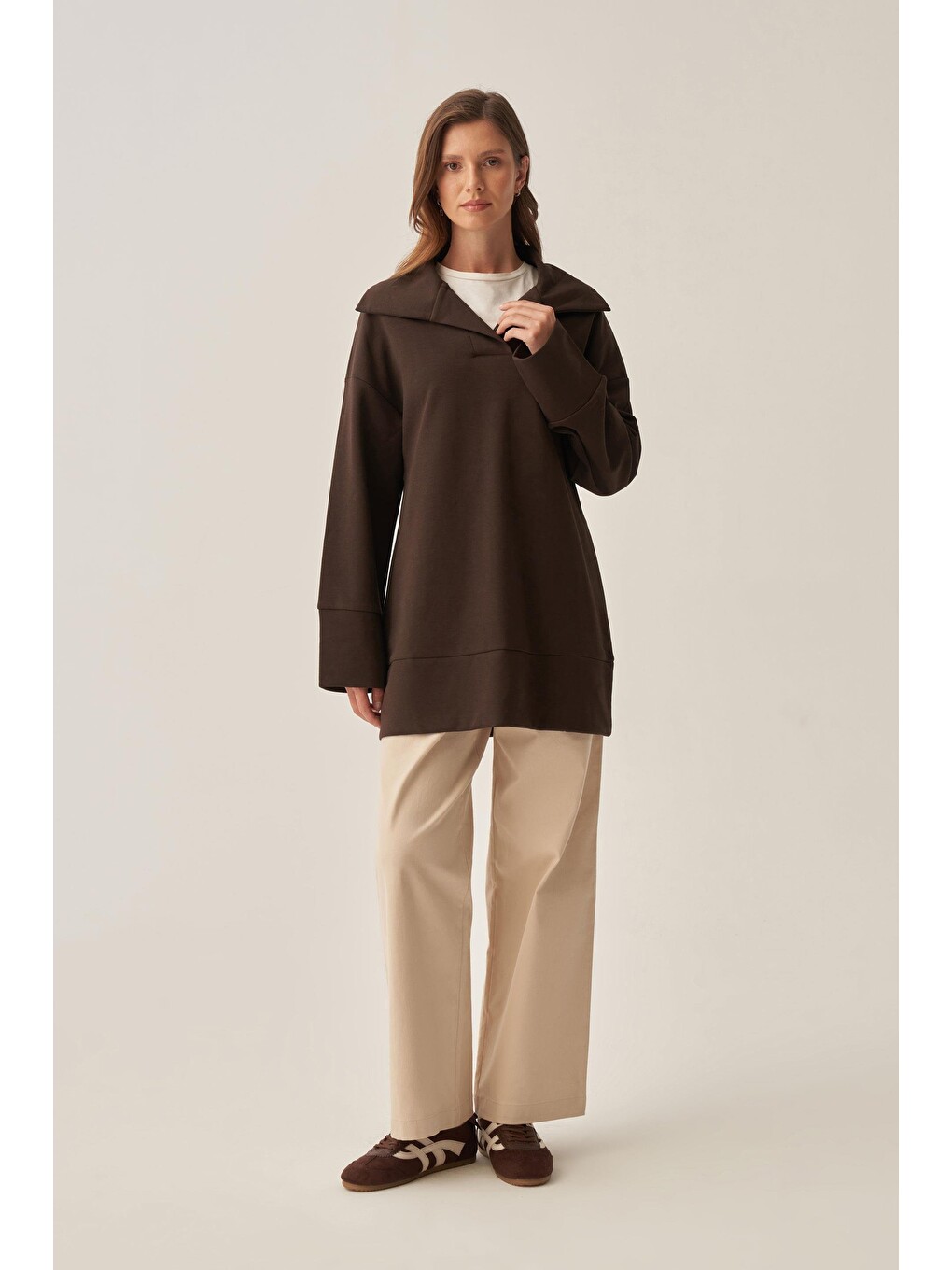 Kahverengi Acı Kahve-polo Yaka İnterlok Sweatshirt