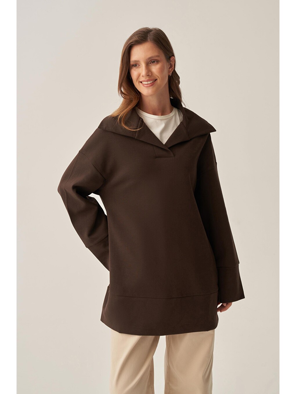 Kahverengi Acı Kahve-polo Yaka İnterlok Sweatshirt-3