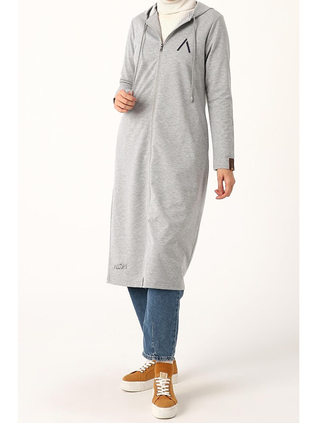 Gri Melanj Baskılı Kapüşonlu Hırka-1