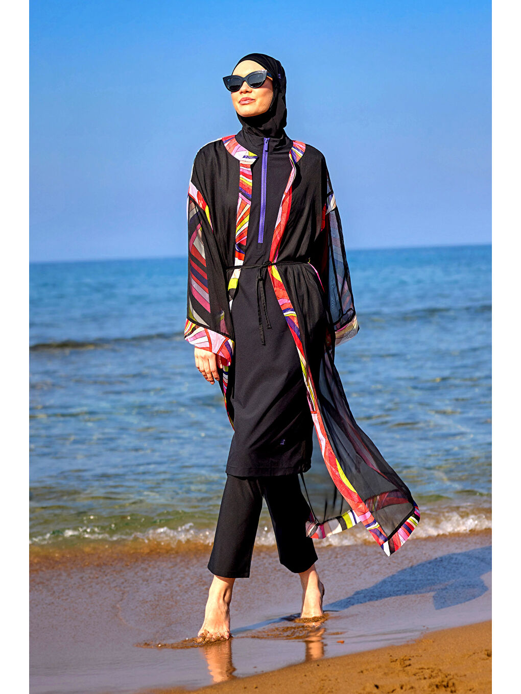 Siyah Renkli Desenli İpeksi Pareo Kaftan P2514-2