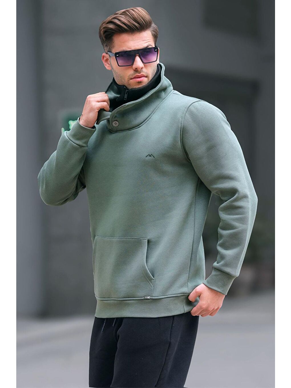 Madmext Haki Triko Yaka Düğmeli Haki Sweatshirt 4411