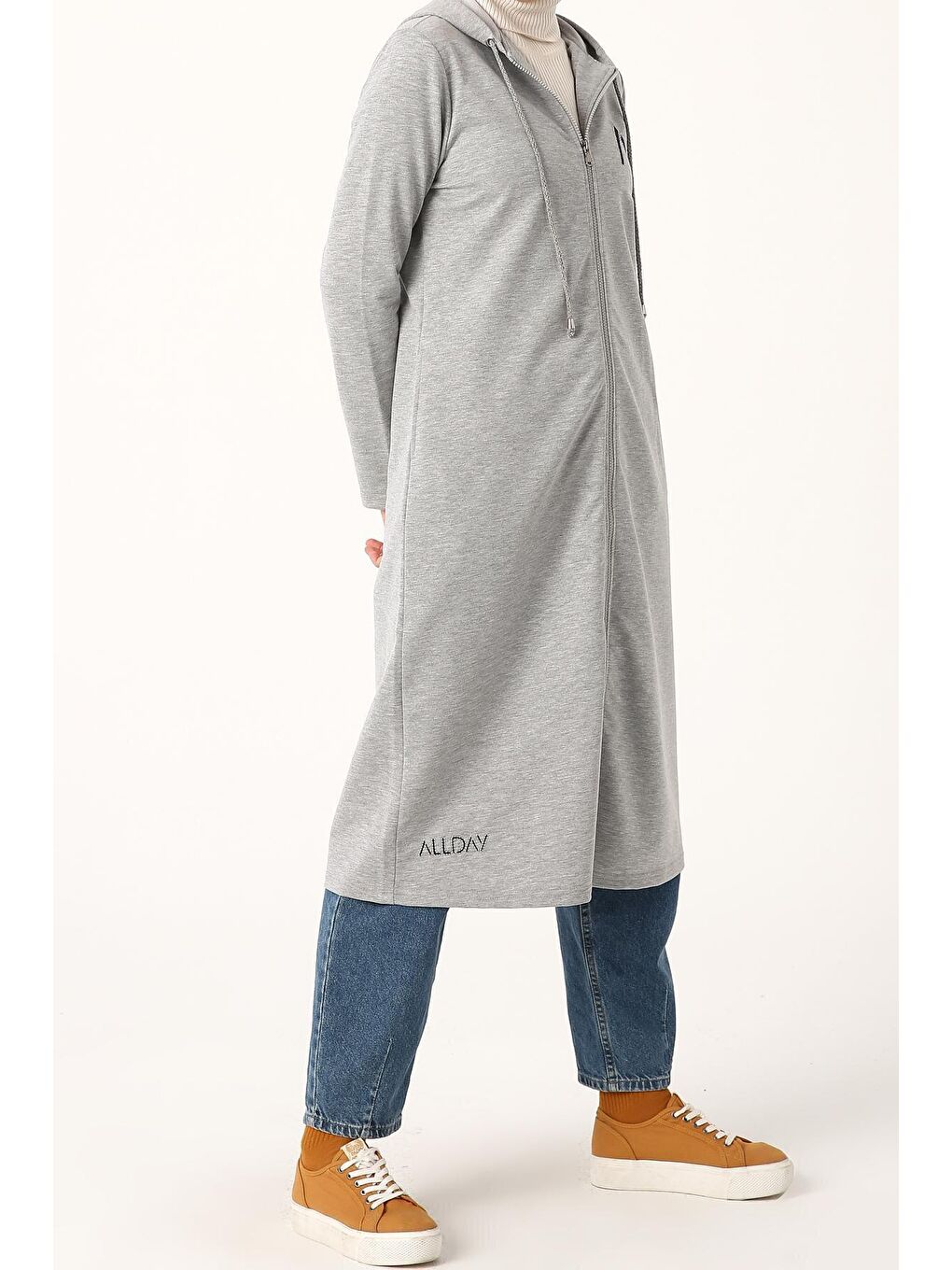 Gri Melanj Baskılı Kapüşonlu Hırka-2