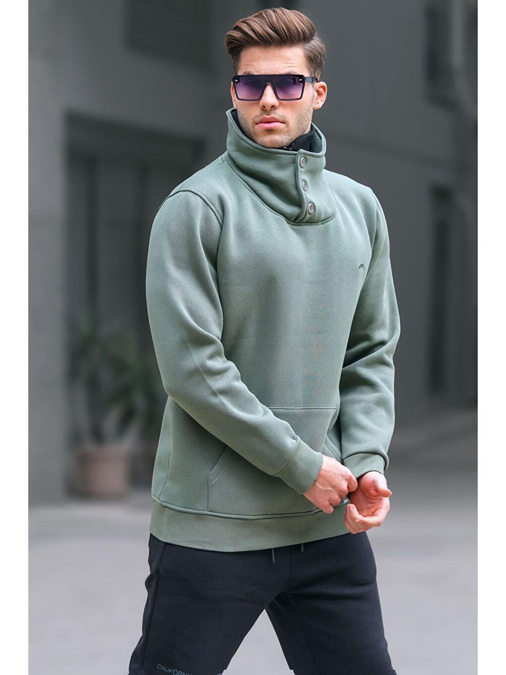 Madmext Haki Triko Yaka Düğmeli Haki Sweatshirt 4411 - 1