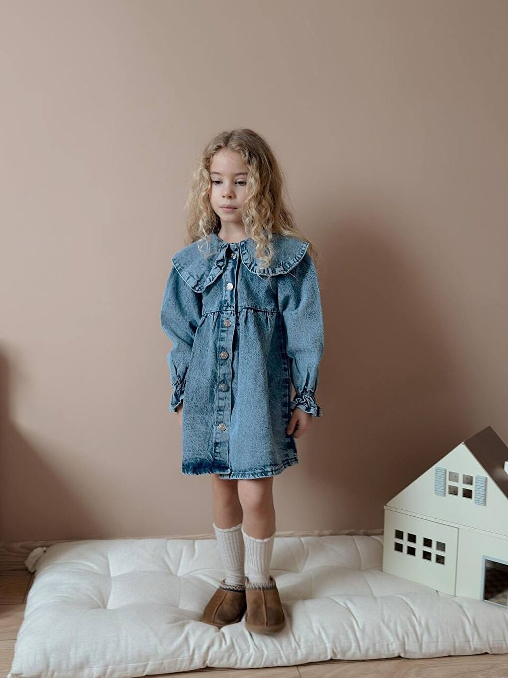 Lacivert Yıkamalı Yaka Detay Kız Çocuk Elbise-1