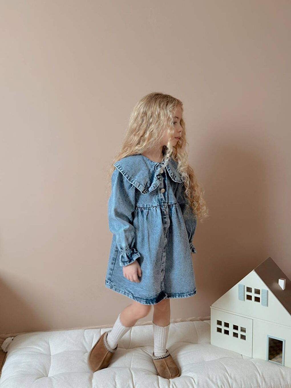 Lacivert Yıkamalı Yaka Detay Kız Çocuk Elbise-2