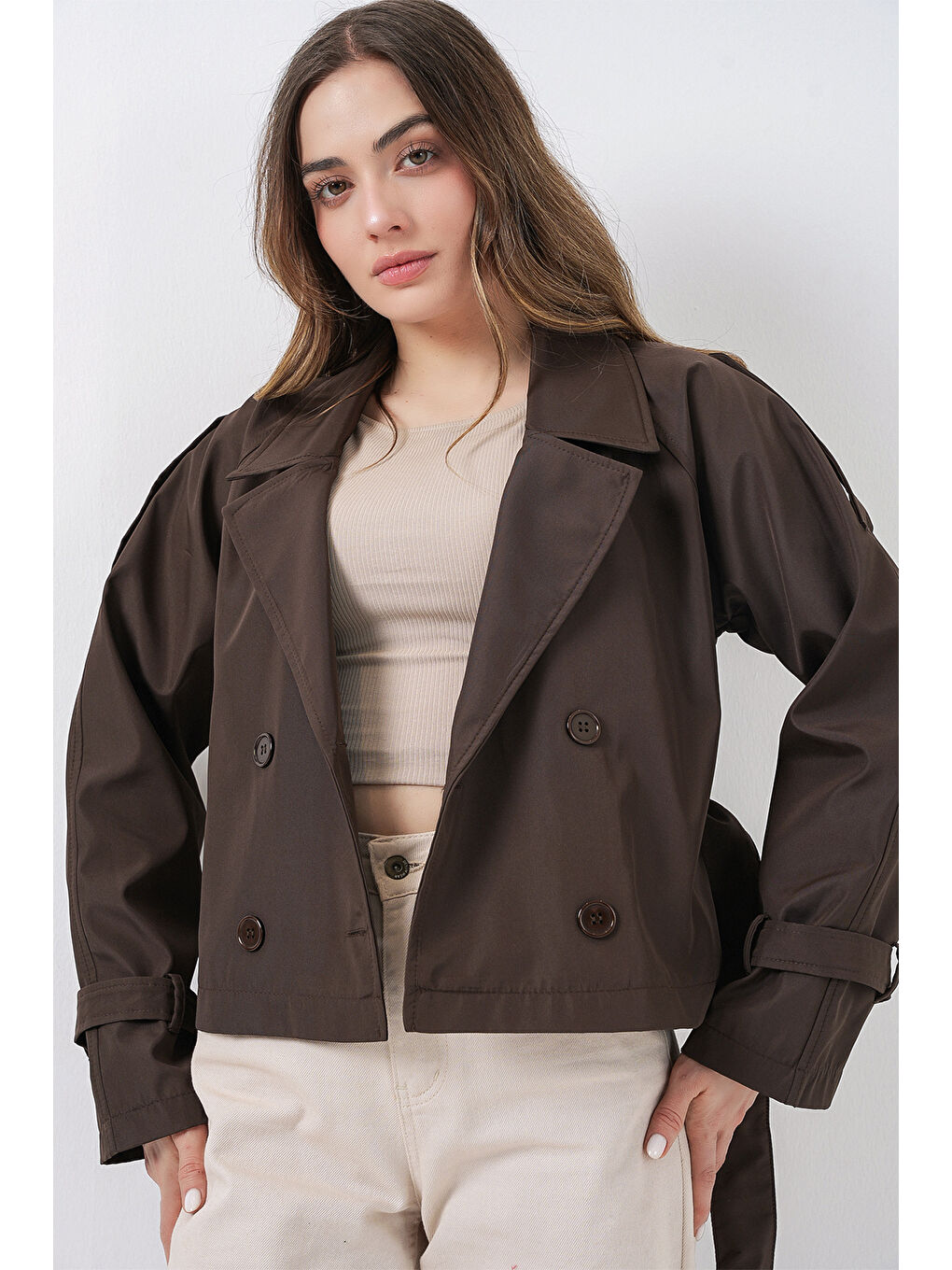 Kahverengi Kadın Kemerli Kısa Trençkot 5970 - A.Kahve-3