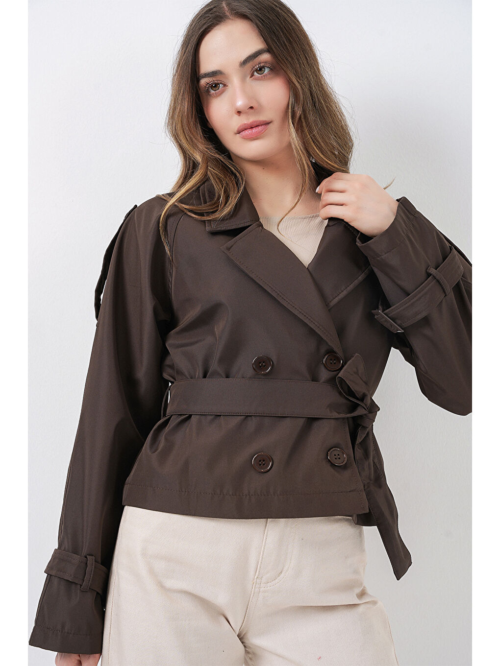 Kahverengi Kadın Kemerli Kısa Trençkot 5970 - A.Kahve-4