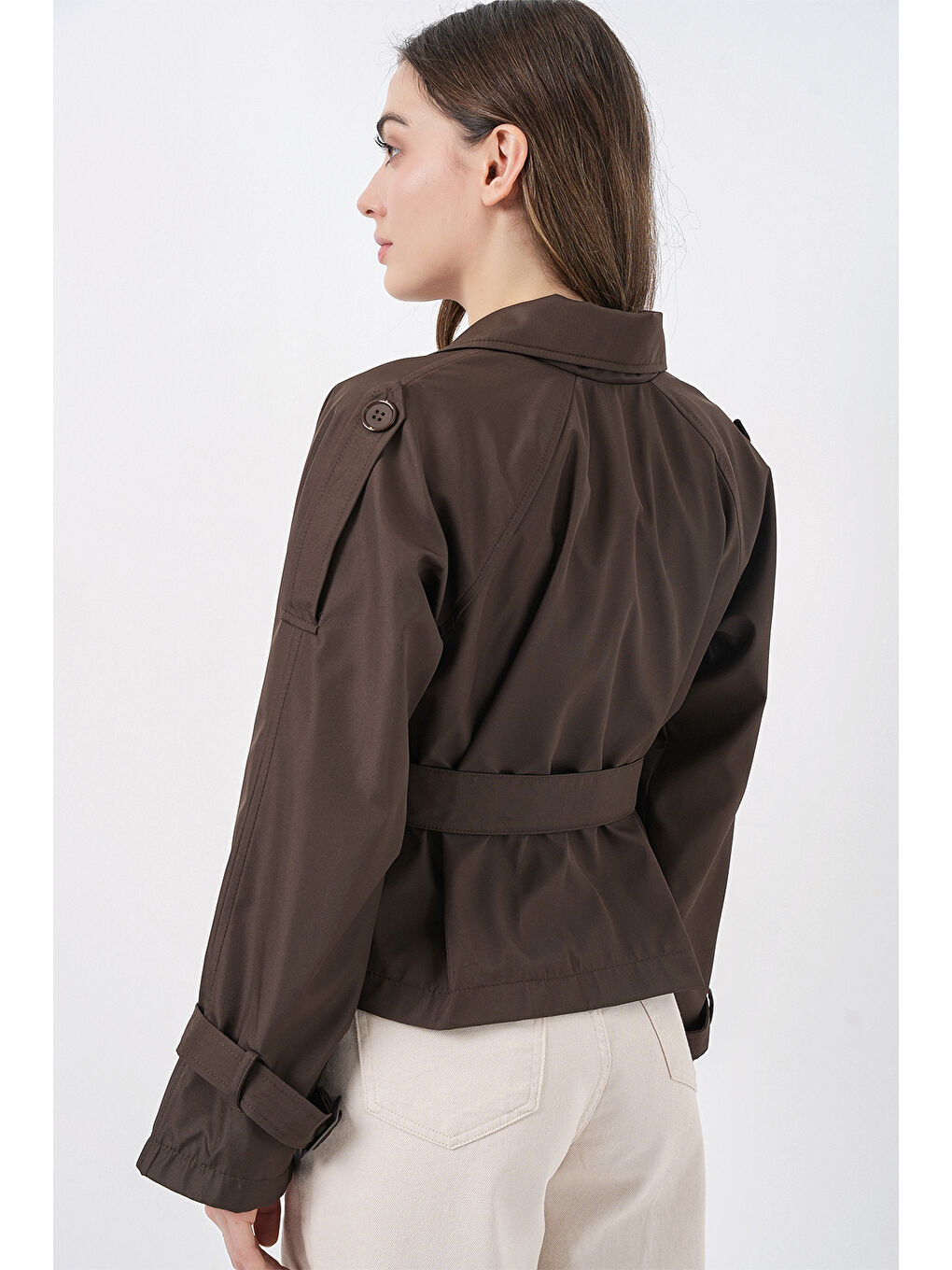 Kahverengi Kadın Kemerli Kısa Trençkot 5970 - A.Kahve-6