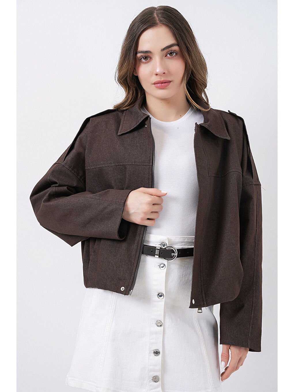 Kadın Jean Bomber Ceket 0737 - Kahverengi-1