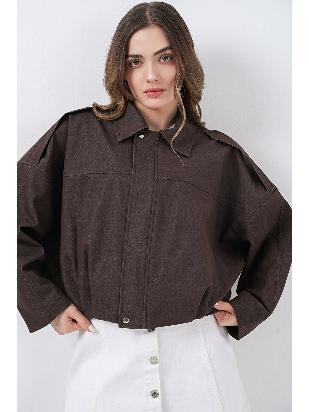 Kadın Jean Bomber Ceket 0737 - Kahverengi-2