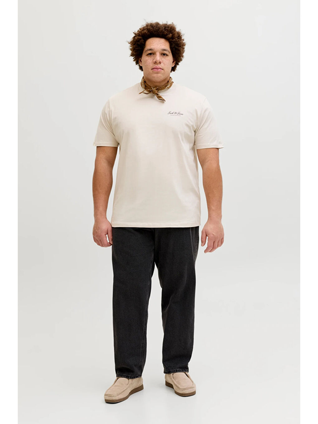 Bej Plus Büyük Beden Pamuklu Regular Fit Bisiklet Yaka T Shirt 12289683-3