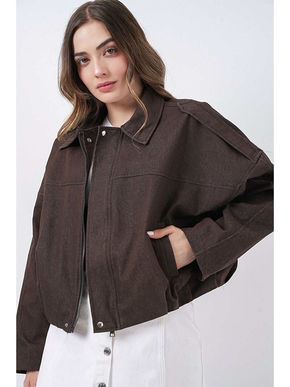 Kadın Jean Bomber Ceket 0737 - Kahverengi-3