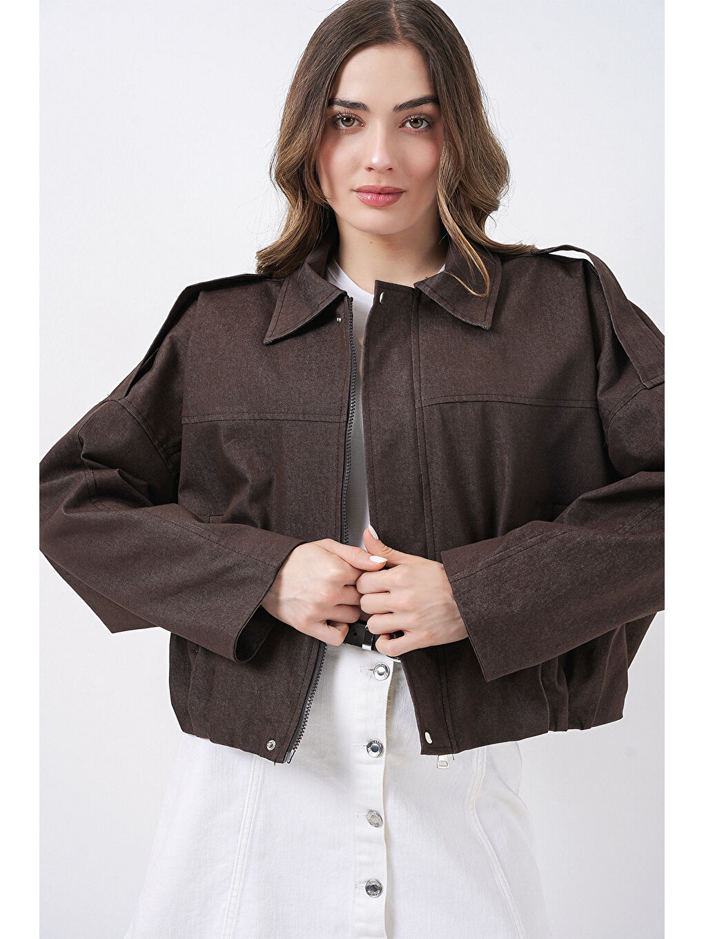 Kadın Jean Bomber Ceket 0737 - Kahverengi-4