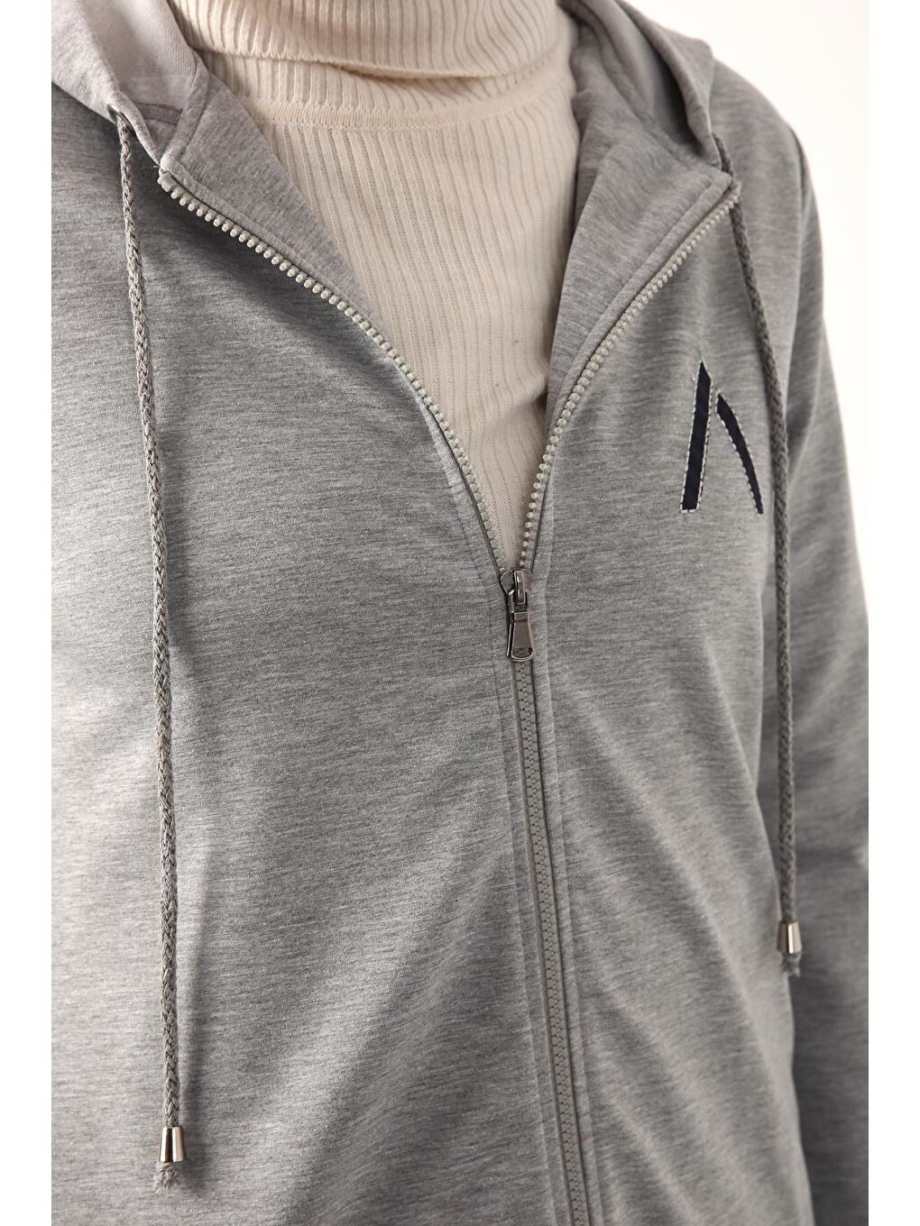 Gri Melanj Baskılı Kapüşonlu Hırka-4