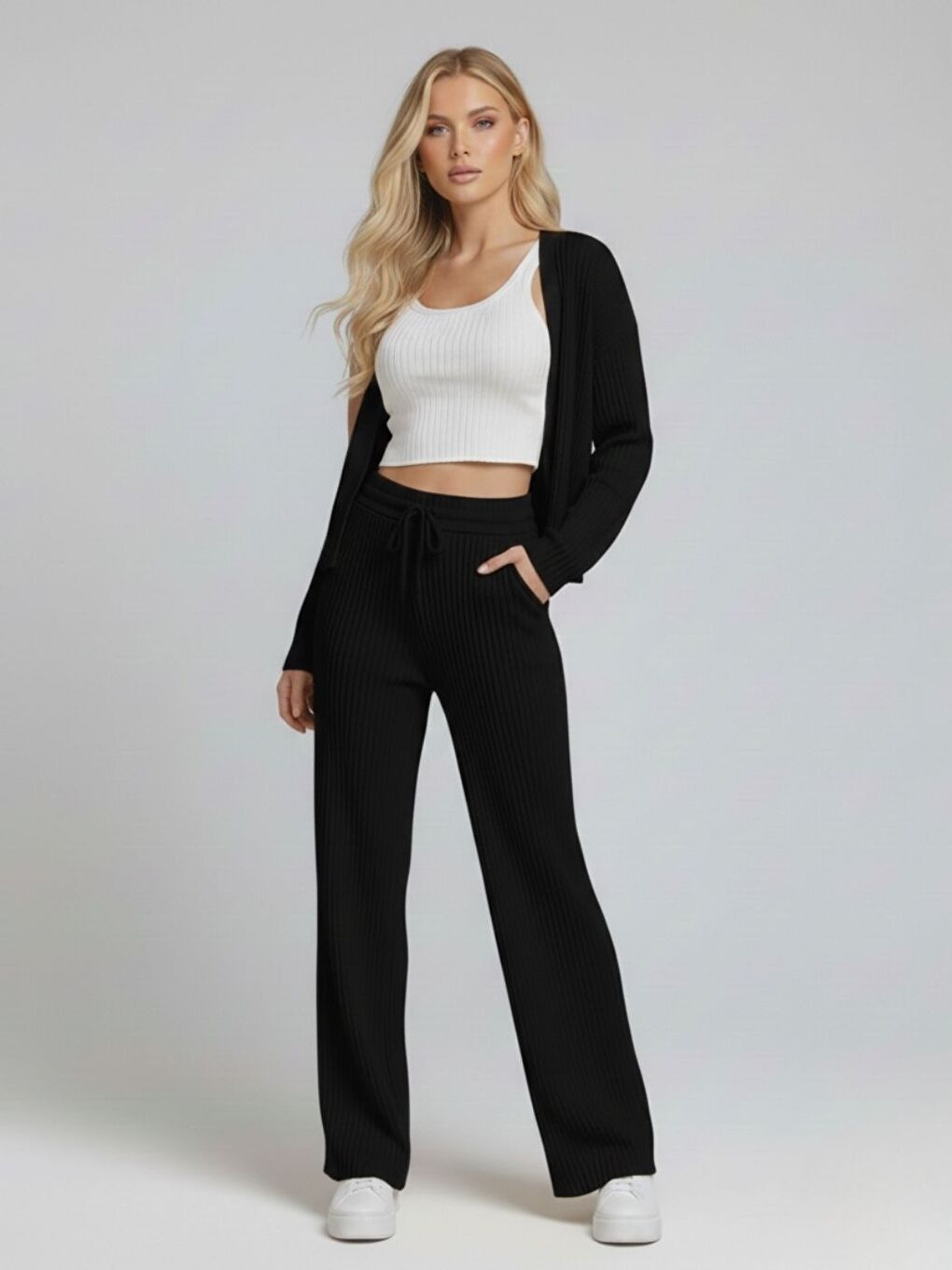 Kadın Siyah Fitilli Örme Yelek Pantolon Takım