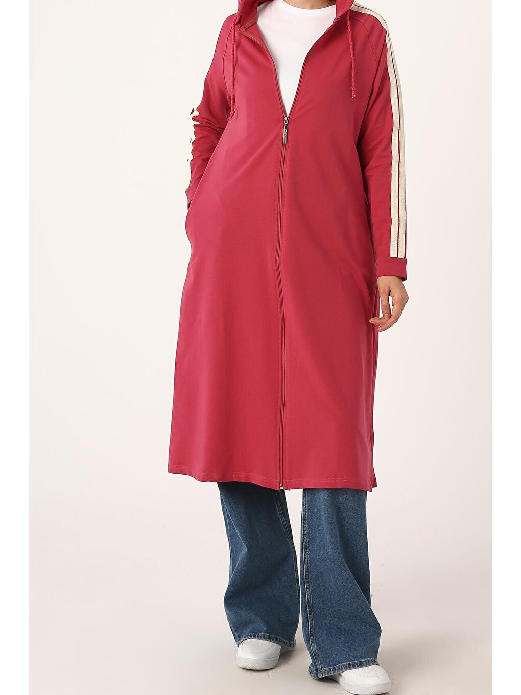 Pembe Gül Kurusu Kolları Şeritli Kapüşon Fermuarlı Hırka-1