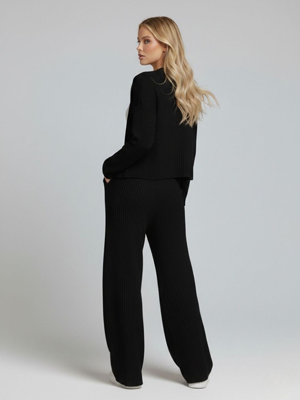Kadın Siyah Fitilli Örme Yelek Pantolon Takım-1