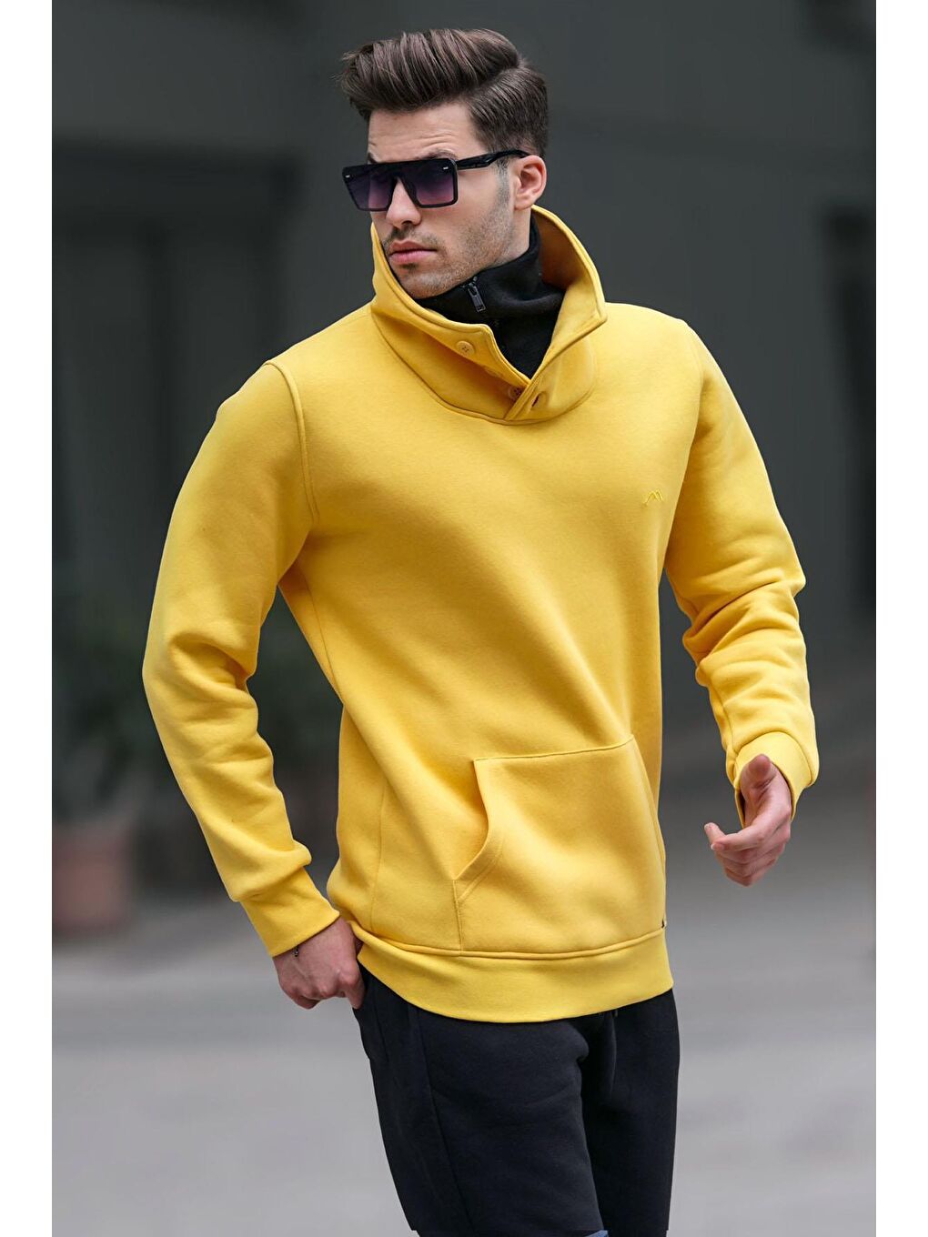 Madmext Sarı Triko Yaka Düğmeli Sarı Sweatshirt 4411