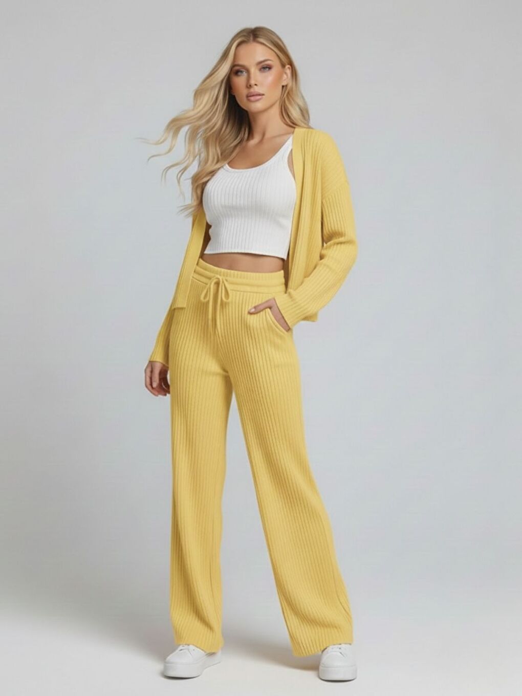 Kadın Sarı Fitilli Örme Yelek Pantolon Takım
