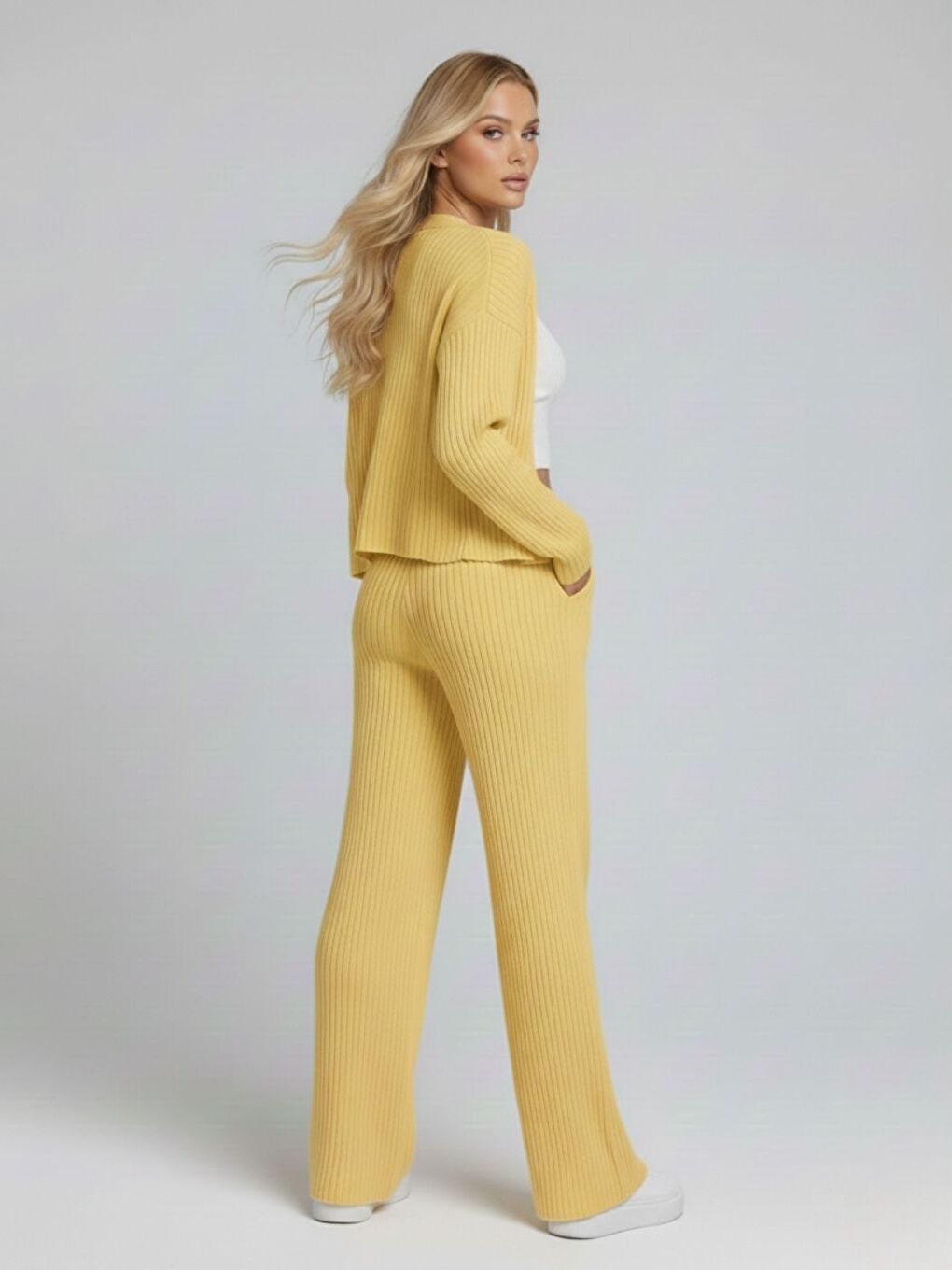 Kadın Sarı Fitilli Örme Yelek Pantolon Takım-2