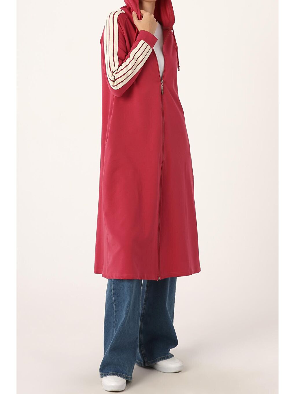 Pembe Gül Kurusu Kolları Şeritli Kapüşon Fermuarlı Hırka-2