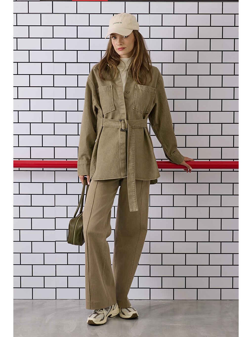 Kemerli Denim Gömlek Bej-3