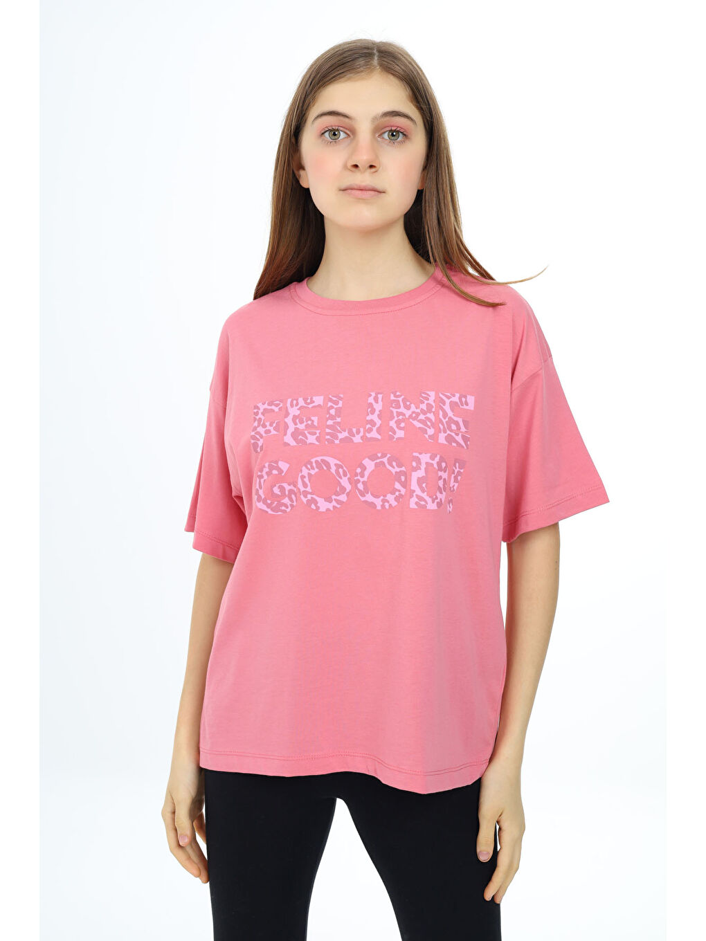 Pengai Pembe Leopar Desenli Yazılı Bisiklet Yaka Kız T-shirt 17781