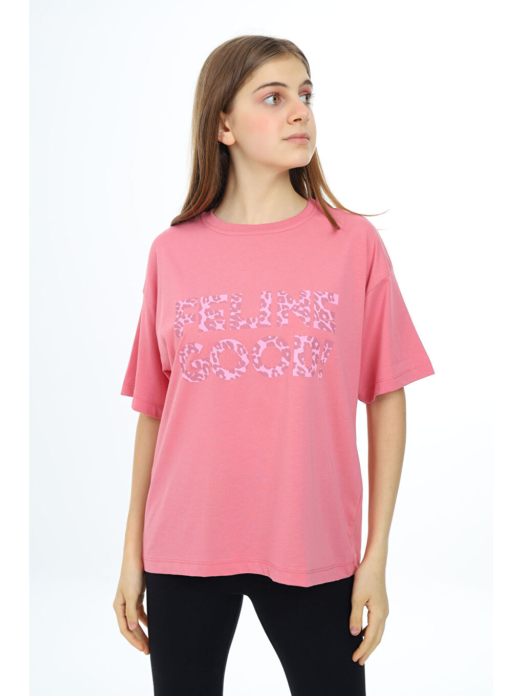 Pengai Pembe Leopar Desenli Yazılı Bisiklet Yaka Kız T-shirt 17781 - 2