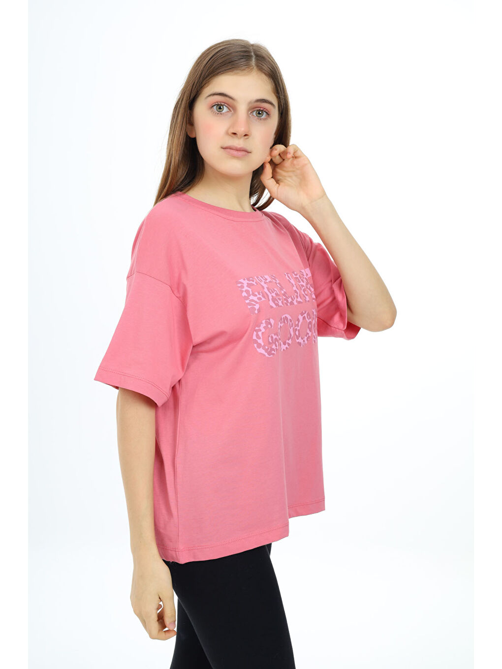 Pengai Pembe Leopar Desenli Yazılı Bisiklet Yaka Kız T-shirt 17781 - 4