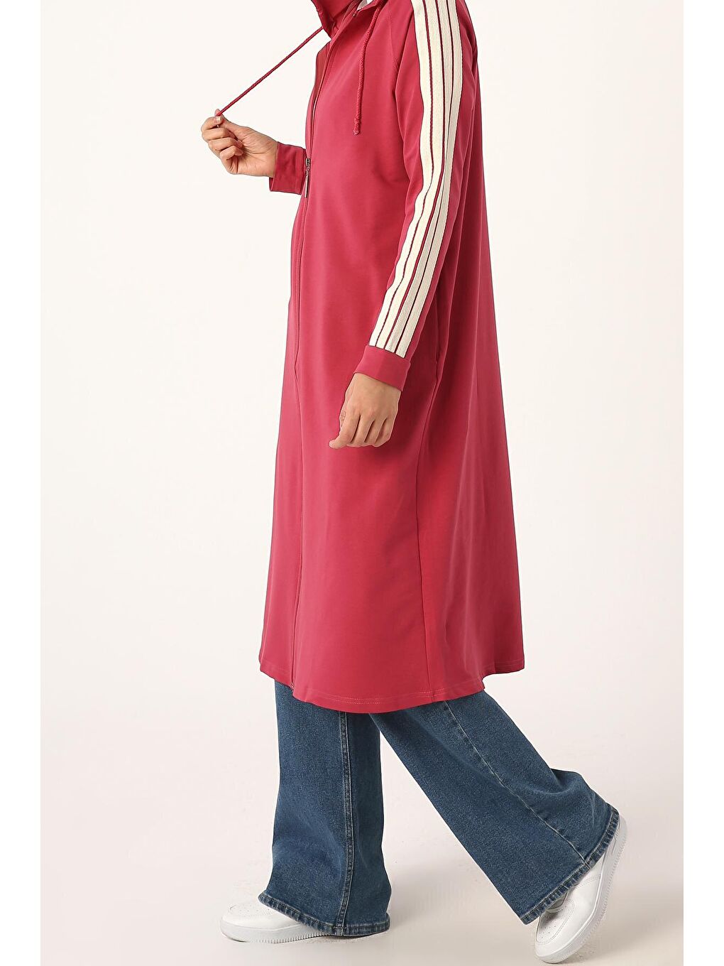 Pembe Gül Kurusu Kolları Şeritli Kapüşon Fermuarlı Hırka-3