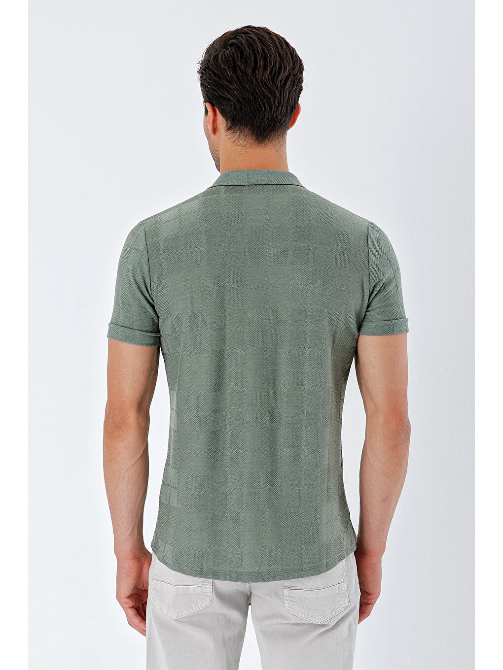 Koyu Haki Kısa Kollu Desenli Jakarlı Apaş Yaka Cepsiz Casual Slim Fit Dar Kesim Gömlek 1004230152-6