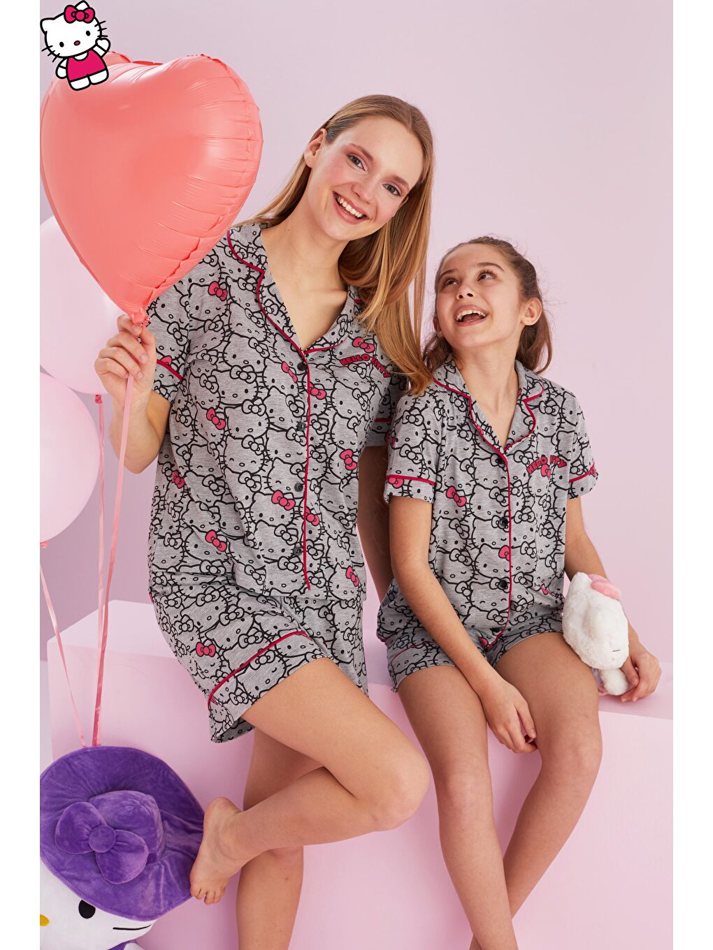 SİYAH İNCİ Gri Hello Kitty Lisanslı %100 Pamuk Gri Çok Renkli Düğmeli Biyeli Şort Pijama Takım