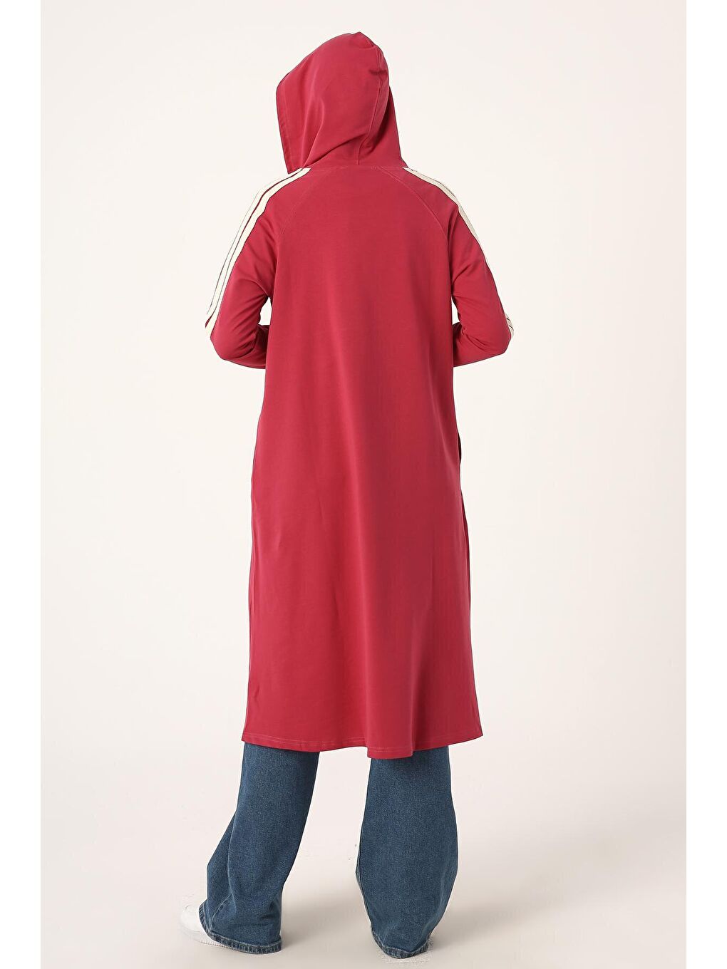 Pembe Gül Kurusu Kolları Şeritli Kapüşon Fermuarlı Hırka-4