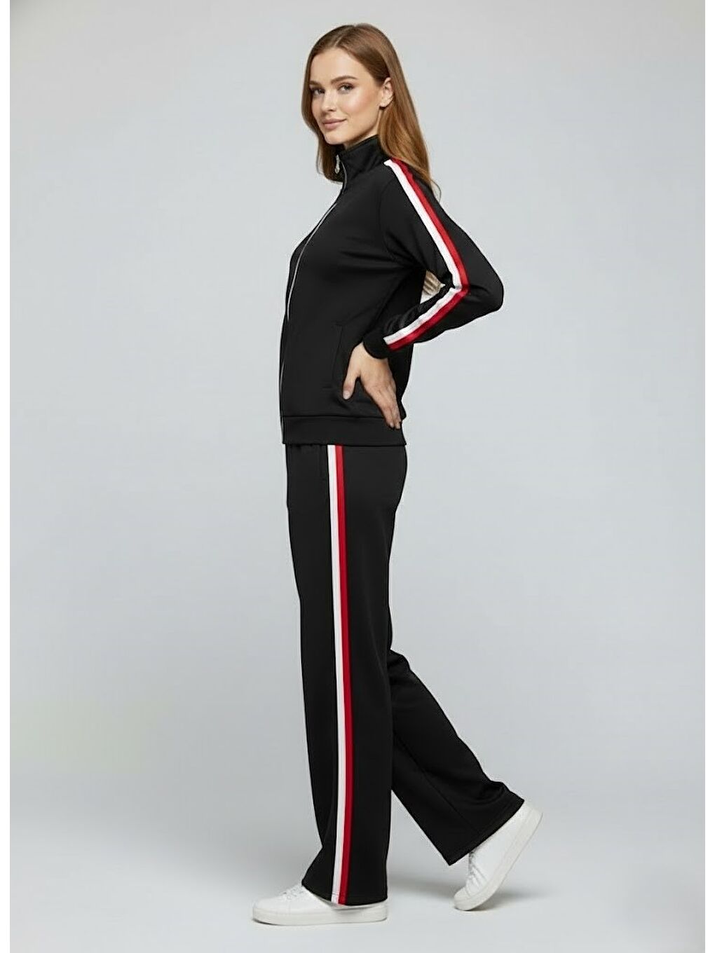 Modal Kumaş Tam Fermuarlı Şeritli Eşofman Takımı Siyah-1