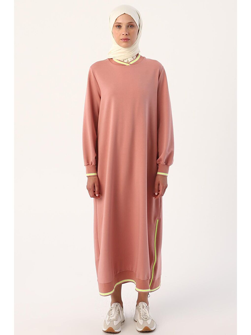 Pembe Gül Neon Ribanalı Fermuarlı Elbise-1