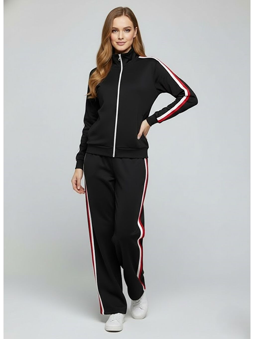 Modal Kumaş Tam Fermuarlı Şeritli Eşofman Takımı Siyah-2