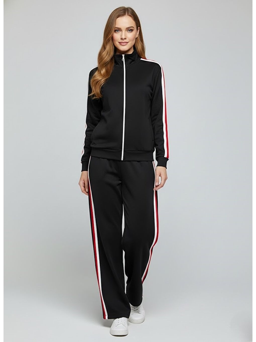 Modal Kumaş Tam Fermuarlı Şeritli Eşofman Takımı Siyah-3