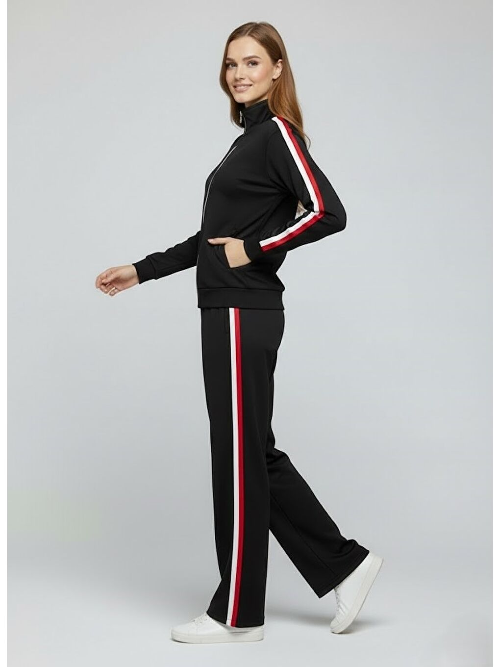 Modal Kumaş Tam Fermuarlı Şeritli Eşofman Takımı Siyah-4