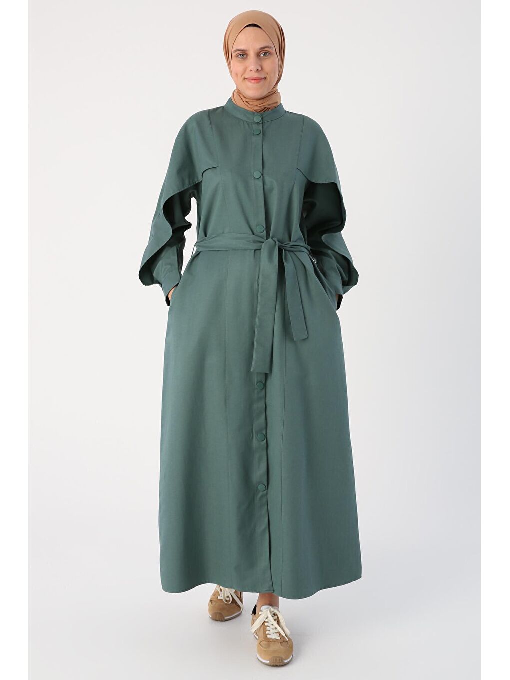 Yeşil Nefti Kolu Volanlı Kuşaklı Çıtçıtlı Ferace-1