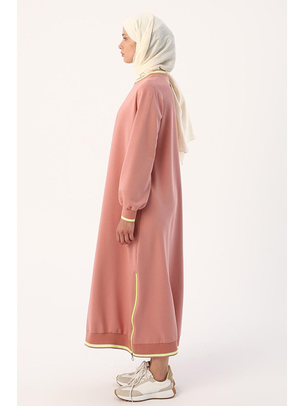 Pembe Gül Neon Ribanalı Fermuarlı Elbise-2