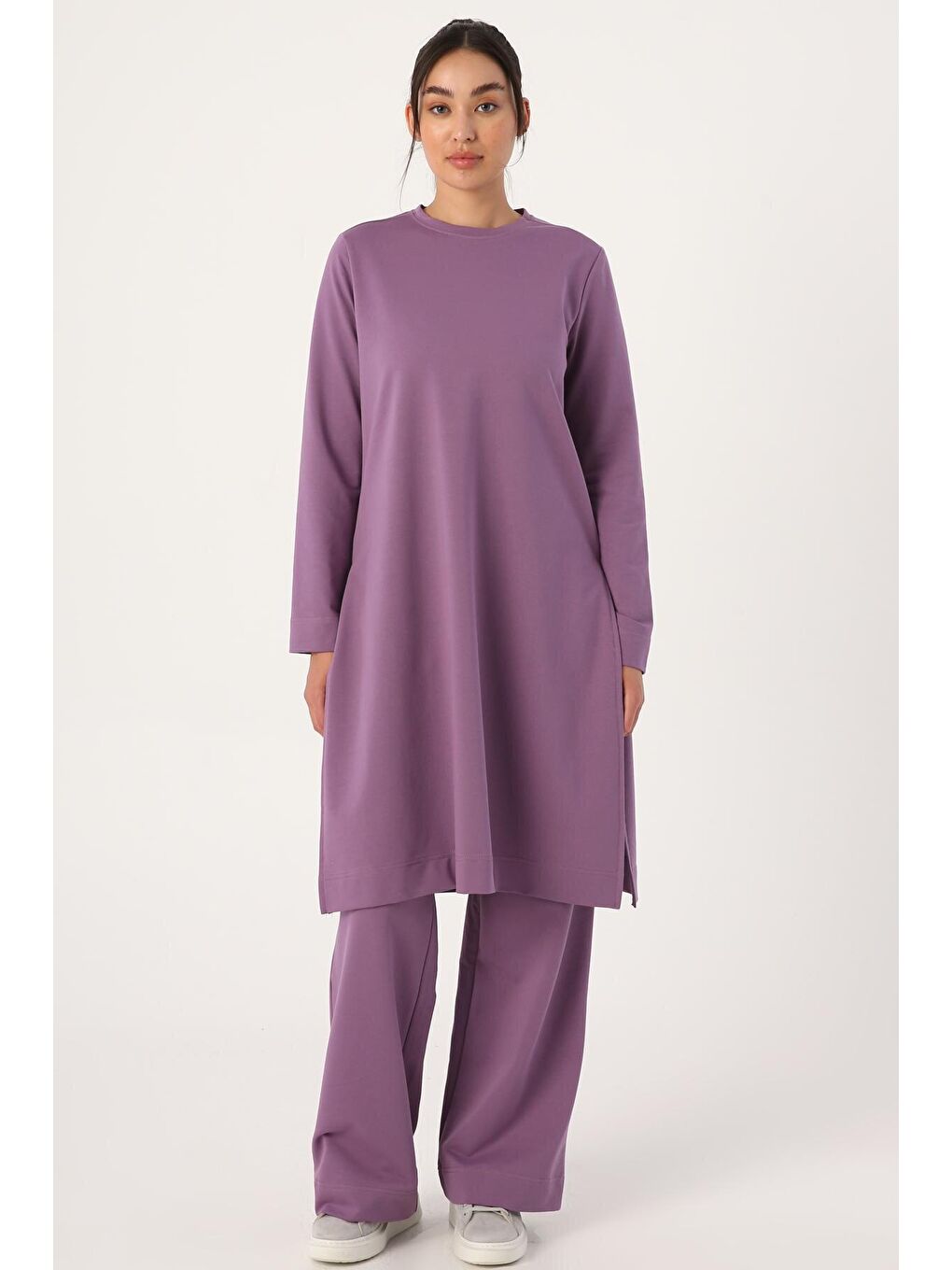 Koyu Lila Yanları Yırtmaçlı Pantolonlu Cepli Takım-1