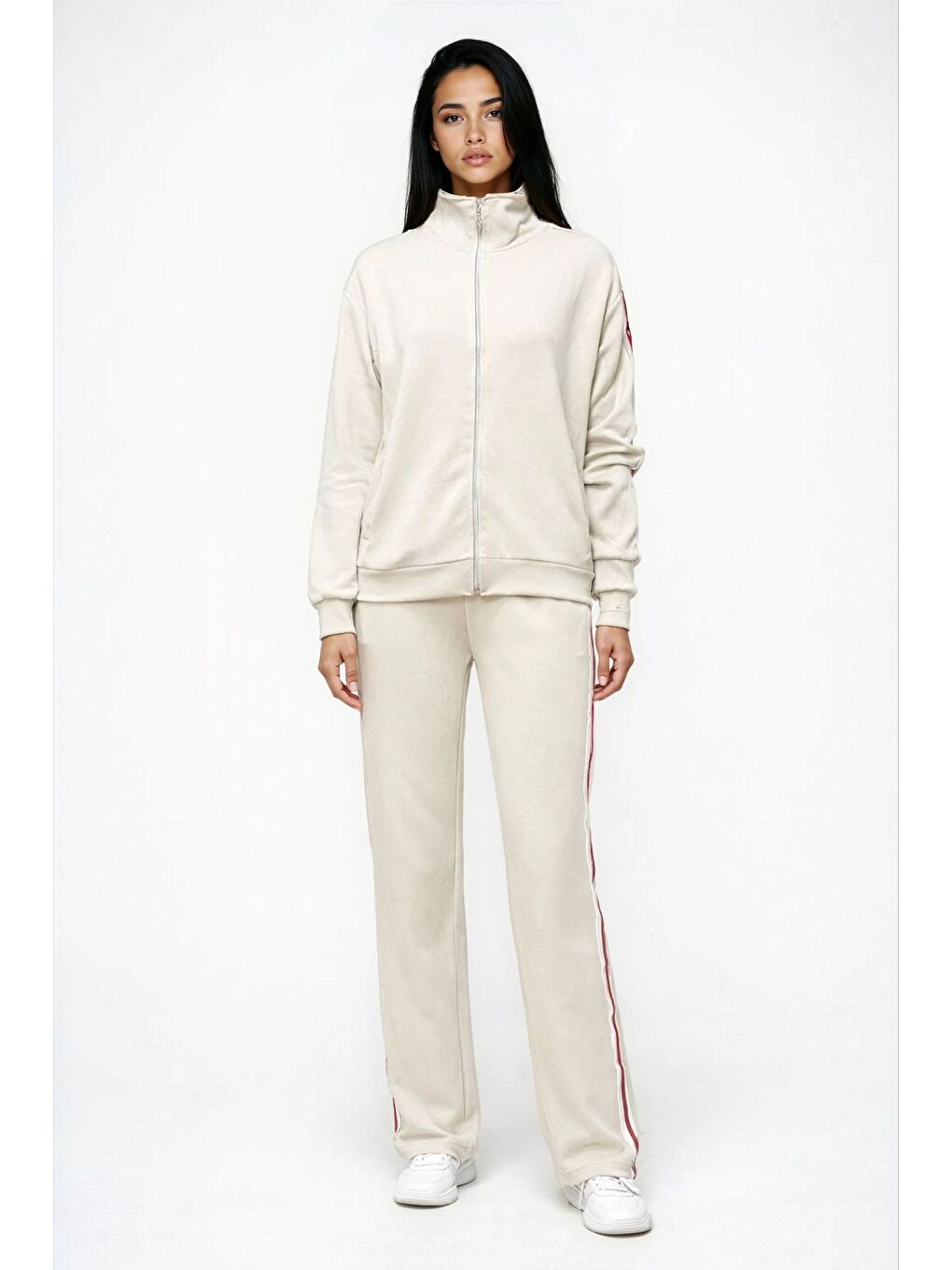 Modal Kumaş Tam Fermuarlı Şeritli Eşofman Takımı Bej-2