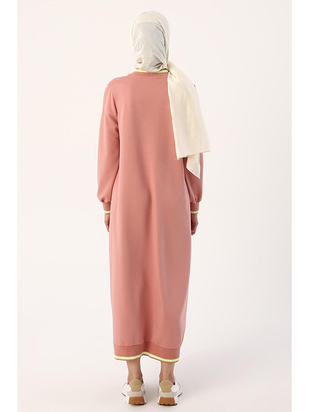 Pembe Gül Neon Ribanalı Fermuarlı Elbise-3