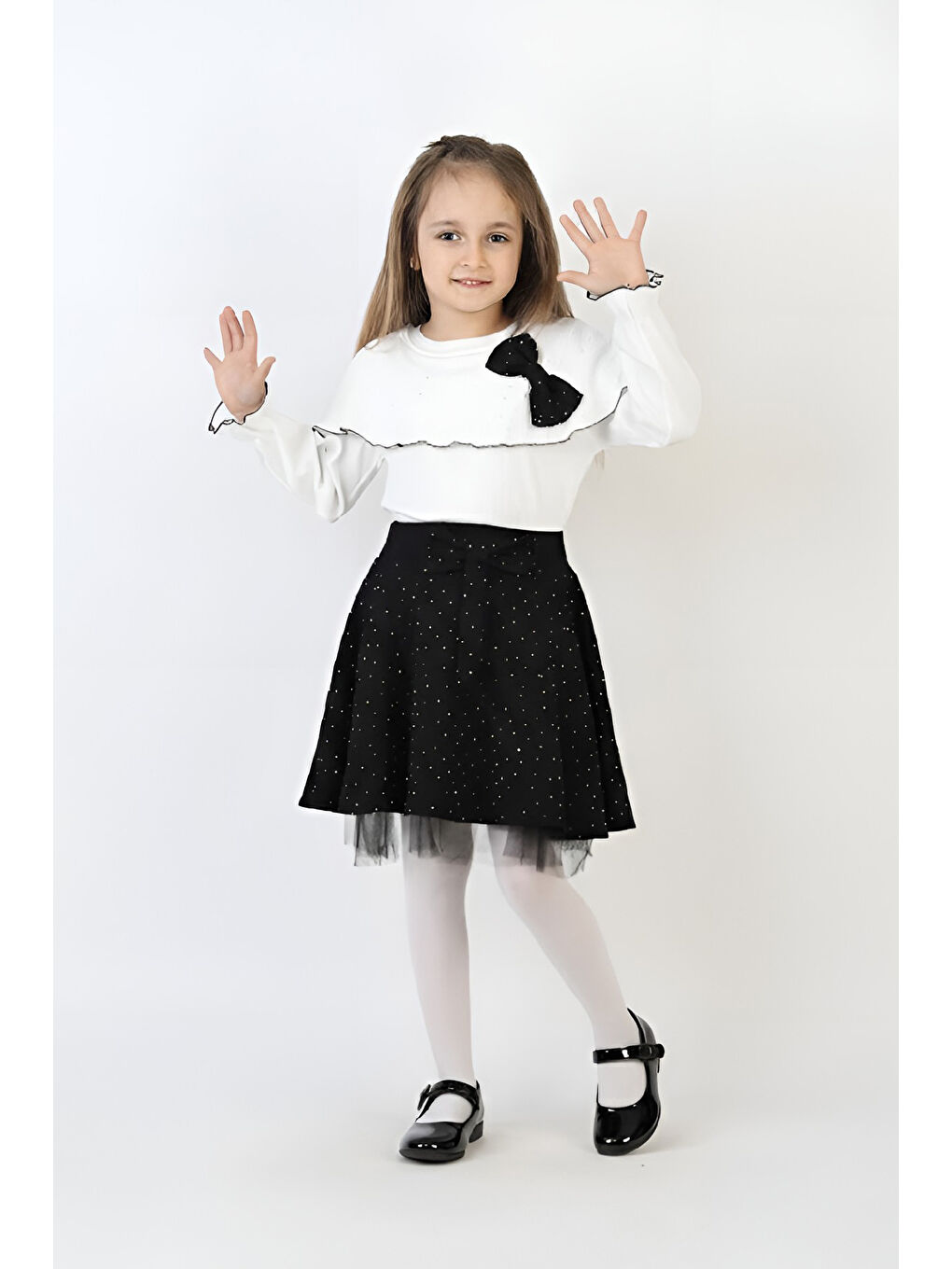 Siyah Kız Çocuk 2'li Elbise Taş Süslemeli Etek+Şal Yakalı ve Fiyonklu Bluz 4-9 Yaş 12505