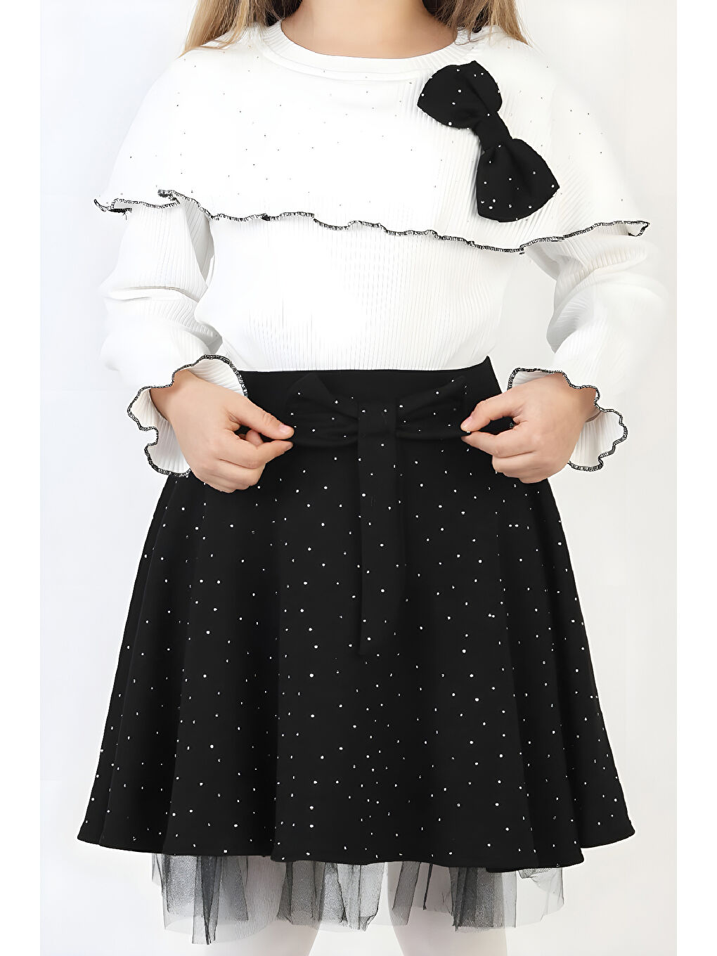 Siyah Kız Çocuk 2'li Elbise Taş Süslemeli Etek+Şal Yakalı ve Fiyonklu Bluz 4-9 Yaş 12505-1