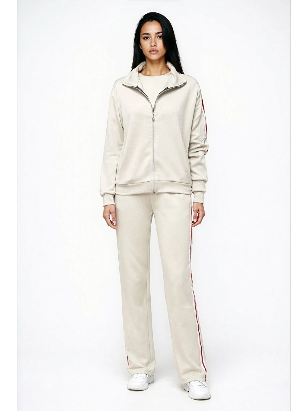 Modal Kumaş Tam Fermuarlı Şeritli Eşofman Takımı Bej-4