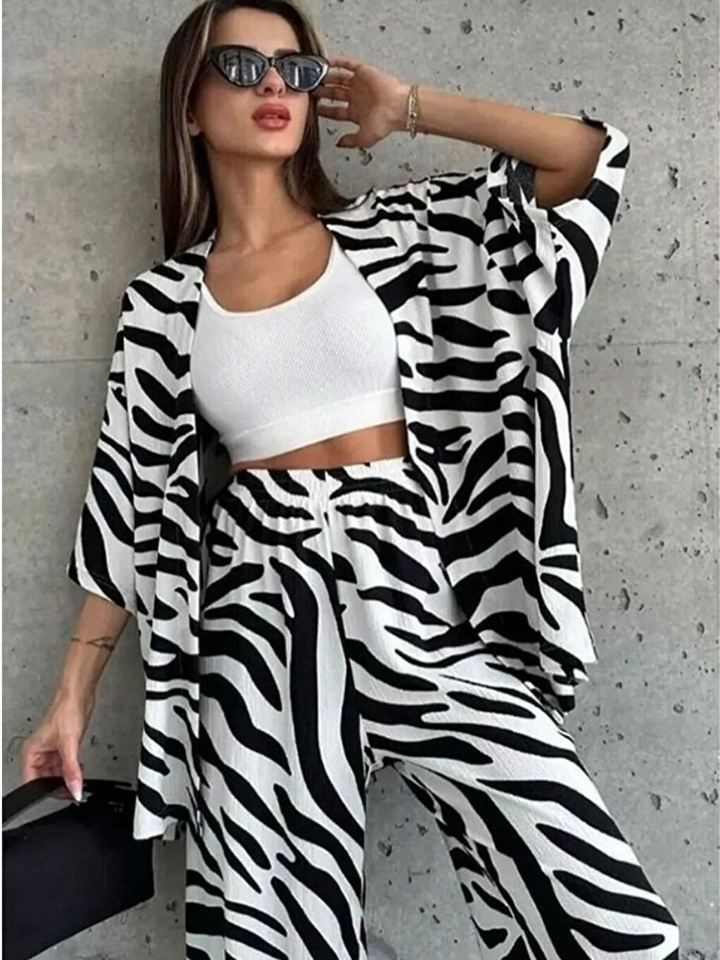 Kadın Rahat Kesim Kimono Siyah Beyaz Alt Uzun Üst Gömlek Yazlık Takım