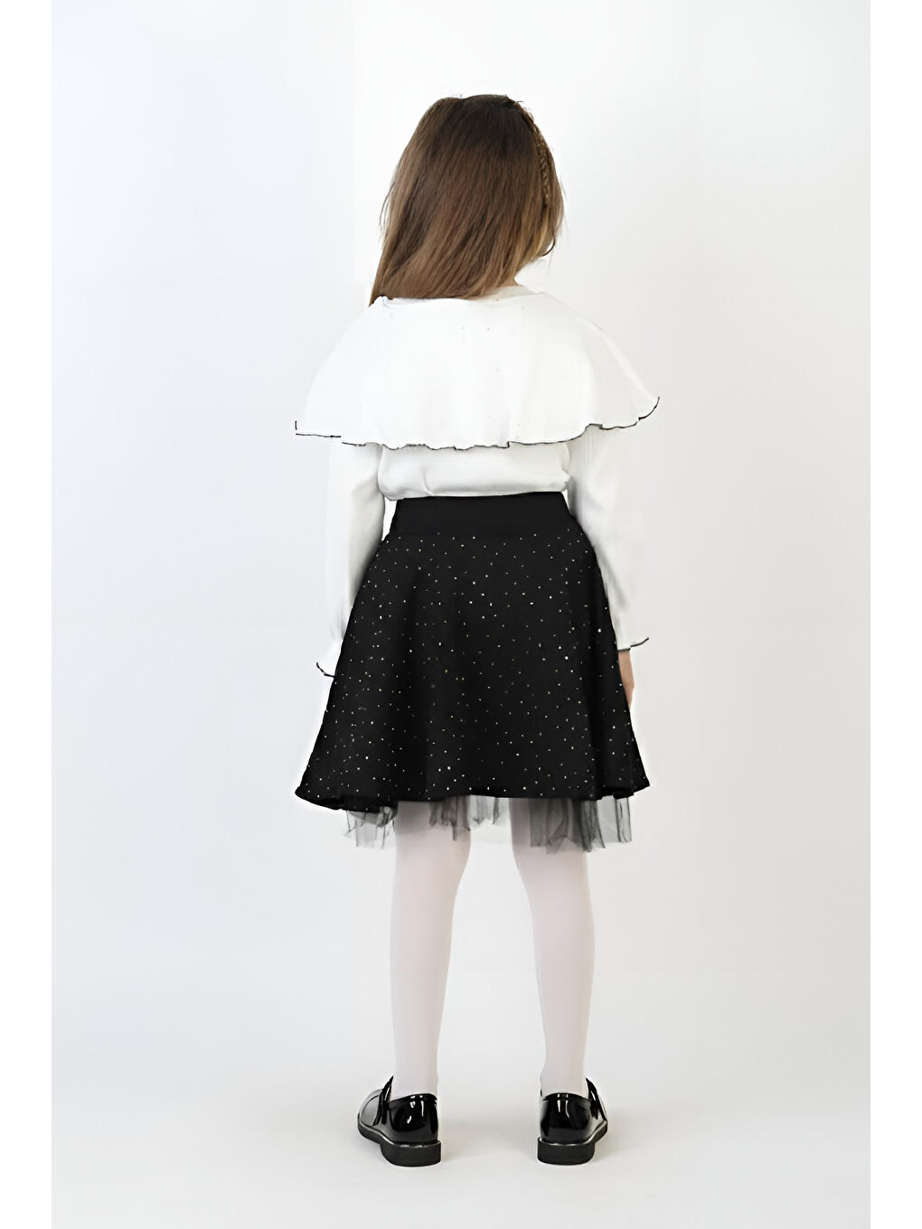 Siyah Kız Çocuk 2'li Elbise Taş Süslemeli Etek+Şal Yakalı ve Fiyonklu Bluz 4-9 Yaş 12505-3