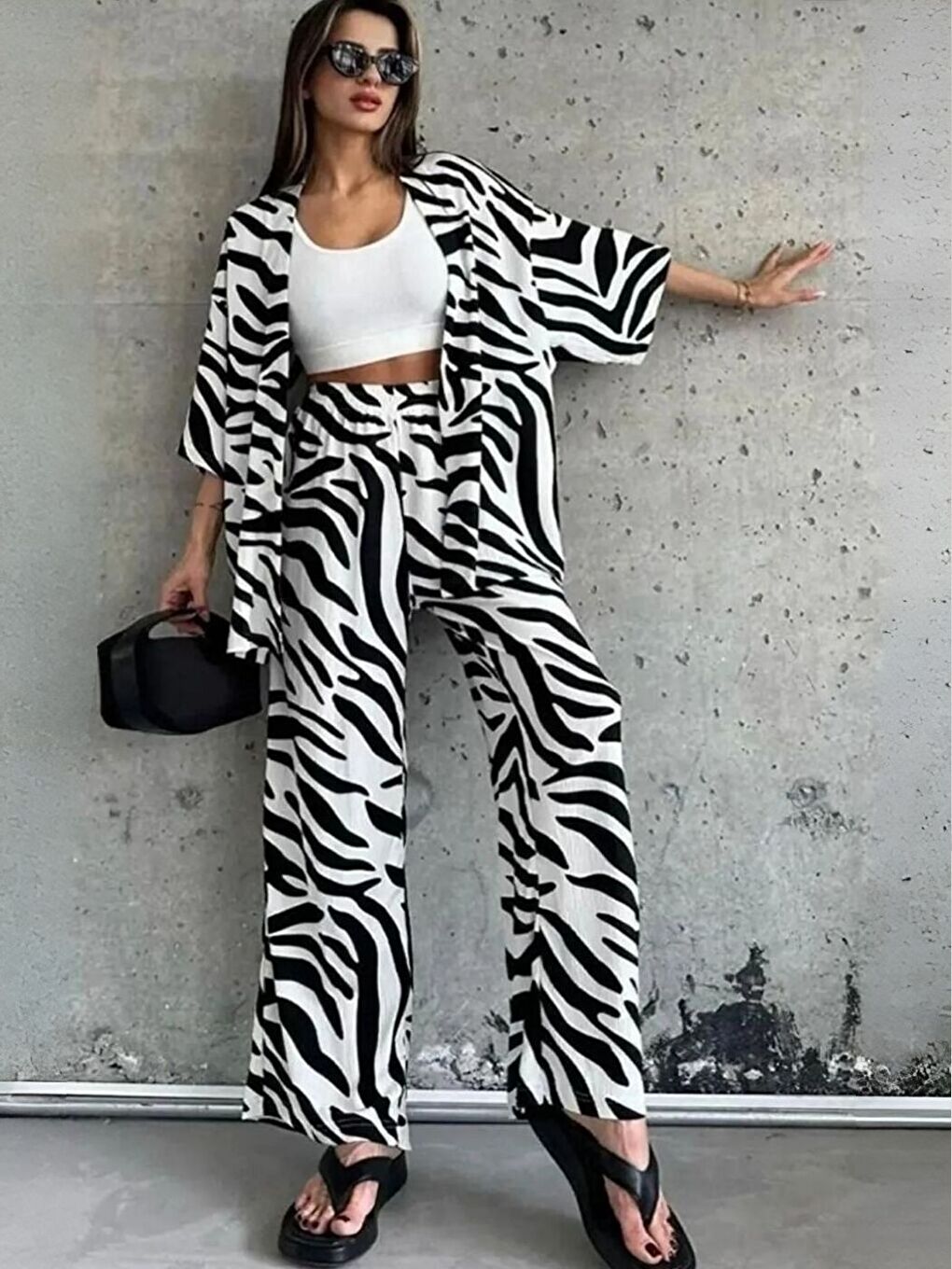 Kadın Rahat Kesim Kimono Siyah Beyaz Alt Uzun Üst Gömlek Yazlık Takım-1