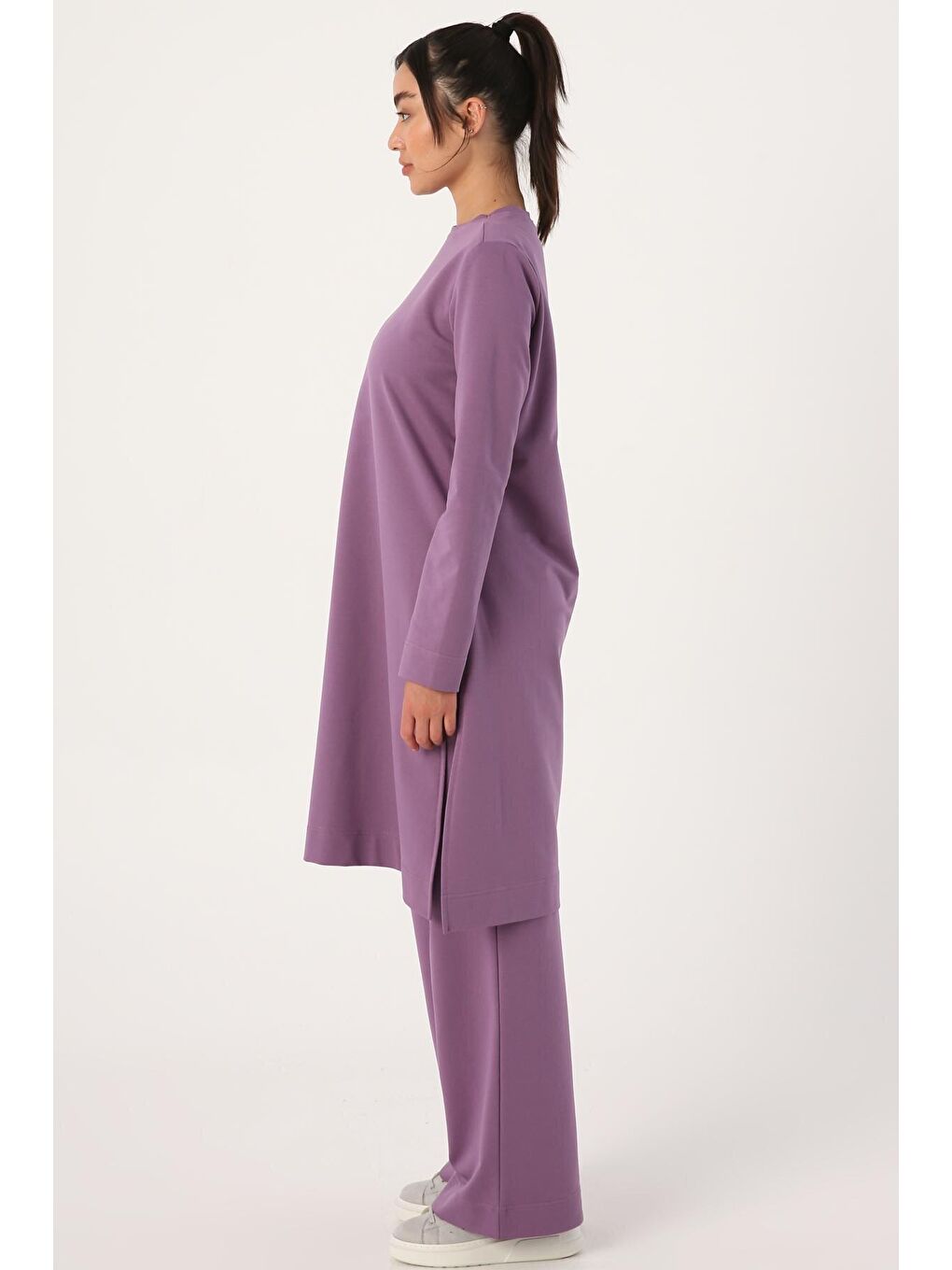 Koyu Lila Yanları Yırtmaçlı Pantolonlu Cepli Takım-2